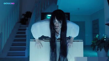 Sadako’s large breasts and wet vagina are trapped in the TV.