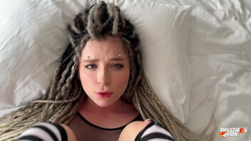 Pretty girl with dreadlocks and piercings gets rough and swallows cum in this homemade video.