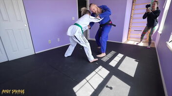 Petite towheaded gets rough and tumble in this homemade video with her jiu jitsu instructor.