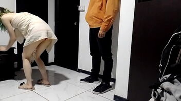 I am a housewife with a yam-sized ass and I seduce the delivery boy in my panties and we do a 69 stand.