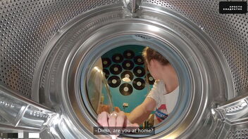 Step sister gets stuck in the washing machine again and has to call for help.