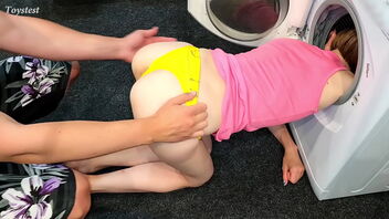 Tiny stepsister gets stuck in the washing machine and luvs it a lot.