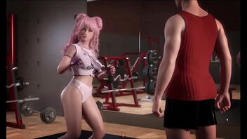 Dangerous public ejaculation in the gym in a hentai game-based pornographic film.