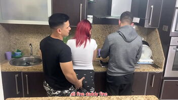 Cheating husband observes as his friend gropes his wife in the kitchen